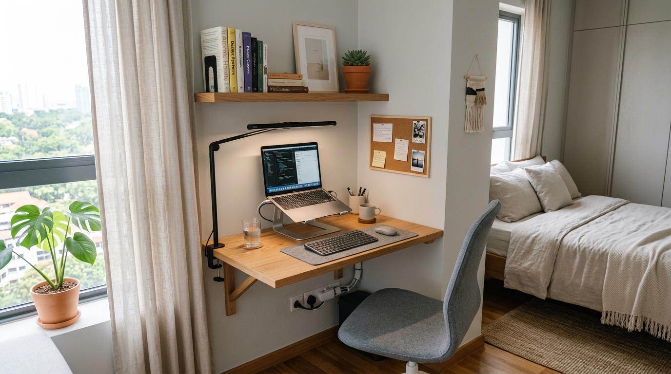 Compact home office setup in a modern cozy condo bedroom corner with slim clamp lamp and organized desk