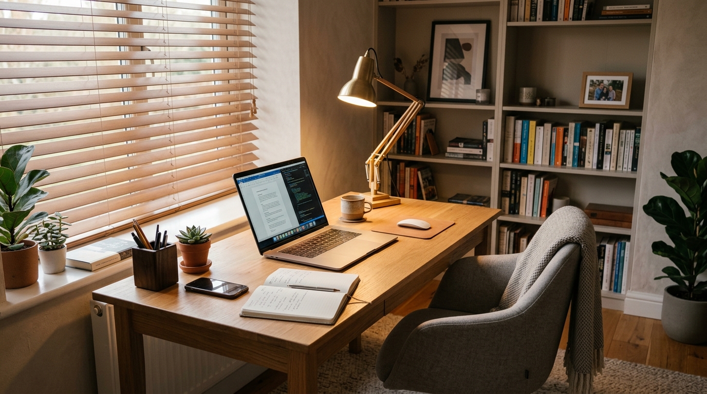 Comfortable organized home workspace with warm task lamp and diffused natural daylight through blinds