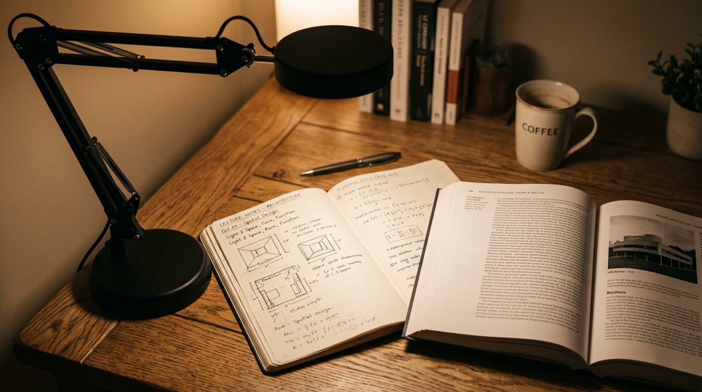 Matte black articulated desk lamp casting diffused warm light over an open book and study notebook