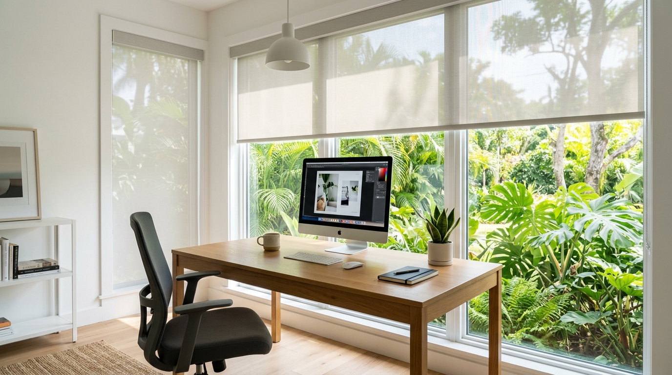 Home office desk beside a window with sheer roller blinds diffusing bright Philippine tropical sunlight