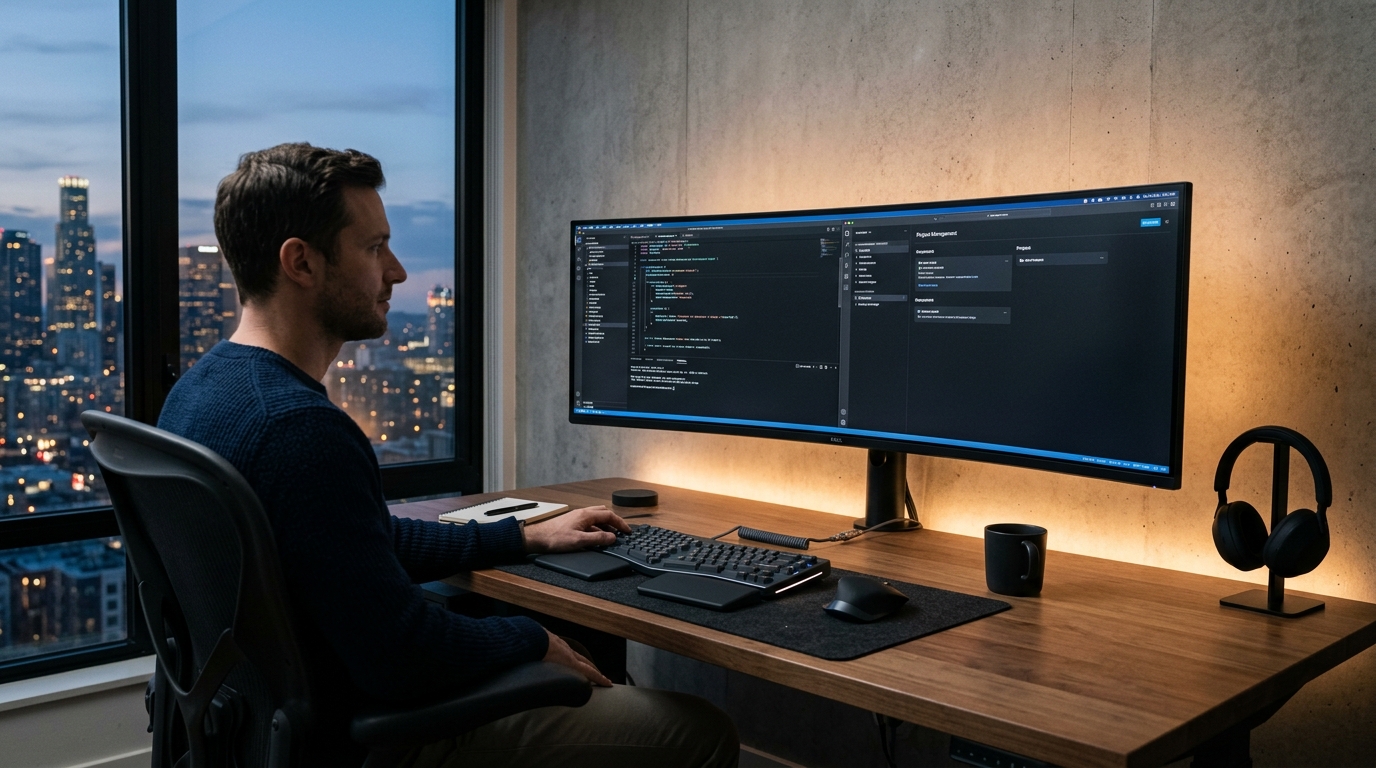 Computer workstation at dusk with subtle warm bias lighting behind the widescreen monitor illuminating the wall