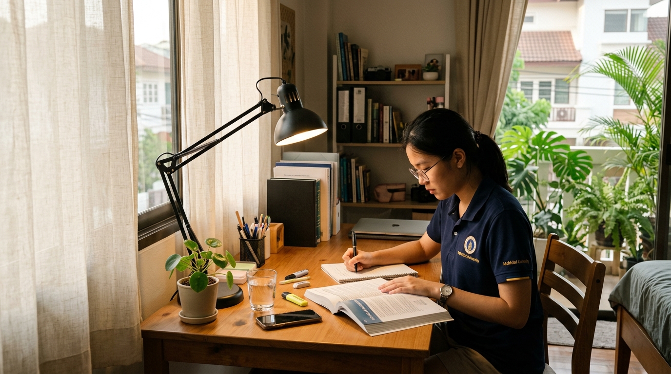 University student studying at a tidy wooden desk in a realistic Philippine home setting with sheer curtains